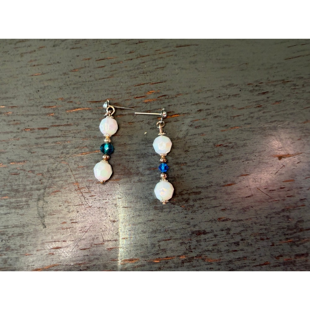 Iridescent White and Blue Beaded Drop Earrings Silver Tone Post Dangle 1.5 Inch